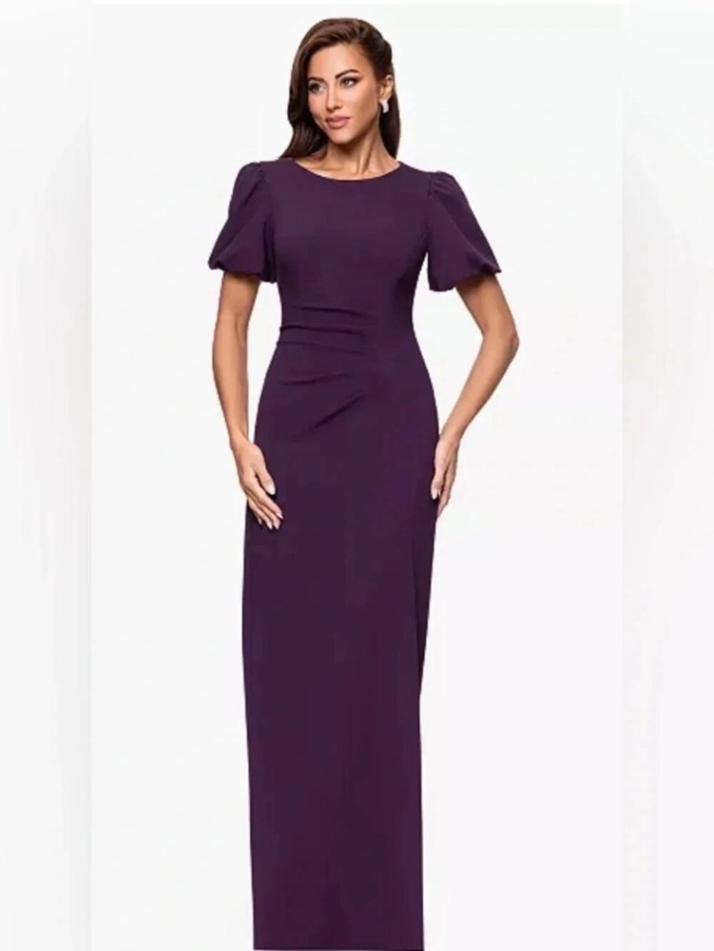Xscape Mulberry Purple Puff Sleeve Short Sleeve Gown